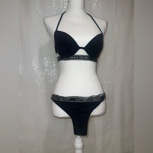 Victoria’s Secret 34A Small Logo Strappy Bikini Set Black White Push Up